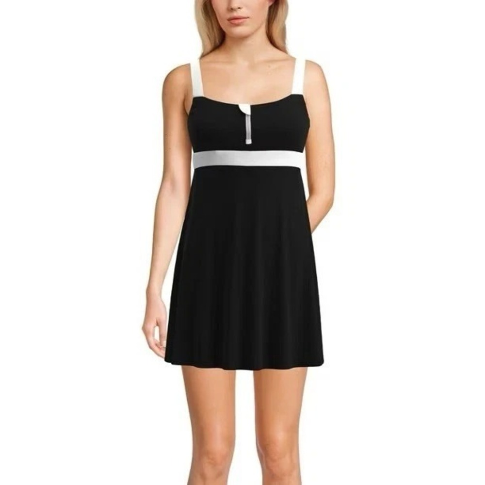 Lands' End Women's Zip Front Swim Dress Black and White SwimSuit
